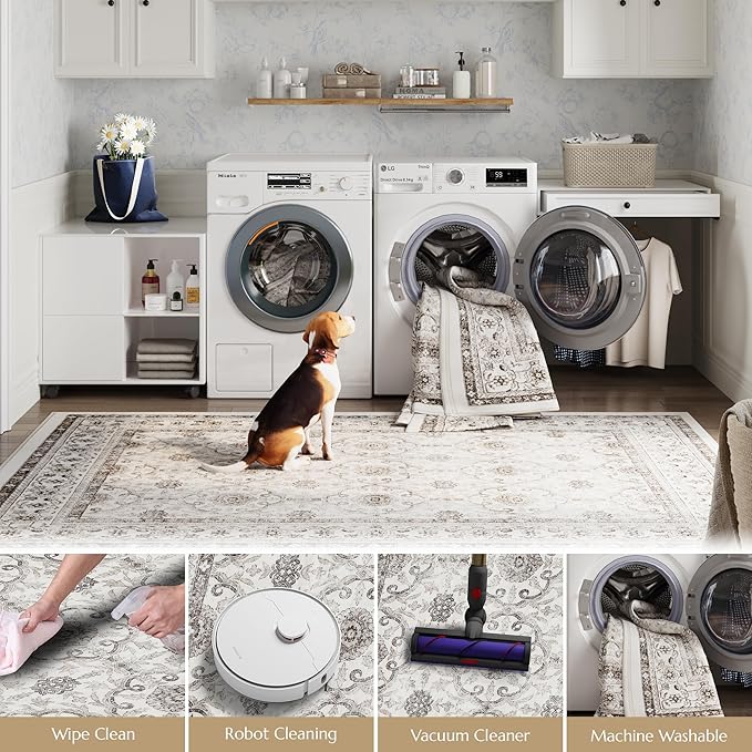 jinchan Round Rug 8ft Washable Circle Soft Rug - Low Pile Vintage 8'Round Indoor Beige Floral Print Stain Resistant Boho Carpet Ultra-Thin Non-Slip for Living Room Bedroom Dining Room Kitchen