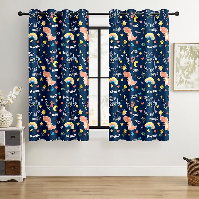 100% Blackout Curtains for Kids - Adorable Dinosaur & Unicorn Pattern, 2Panels, Each W52xL63, Thermal Insulated Noise-Reducing Drapes for Nursery, Bedroom, Playroom - Fun & Colorful Design