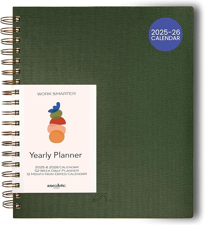 Anecdote 2026 Planner (8.5" x 10") Daily Planner Weekly Monthly Planner - 52 Weeks w/Library Buckram Cover, Brass Spiral - A4 Size Bleed-Resistant Paper – Evergreen