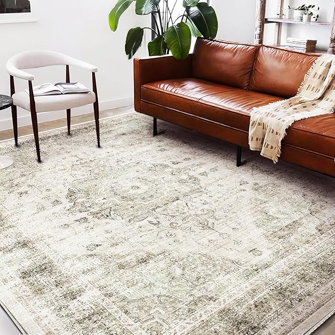 Washable Area Rug 9'x12' Retro Floral Khaki Boho Design Non-Shedding Easy Care Ideal for High Traffic Areas in Living Room Bedroom Office Coffee Table Kitchen Large Carpet