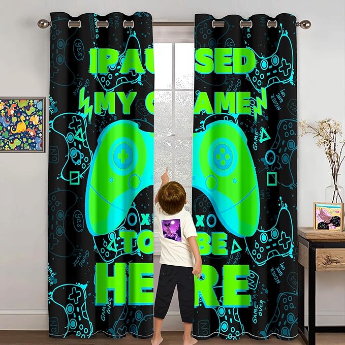 Gaming Gamepad Blackout Curtains - 2Pcs Game Windows Curtain Panels for Teens Boys Bedroom Green Gaming Console Curtains for Boys Kids Room Decor Grommet Top Thermal Insulated, 82 in x 84 in