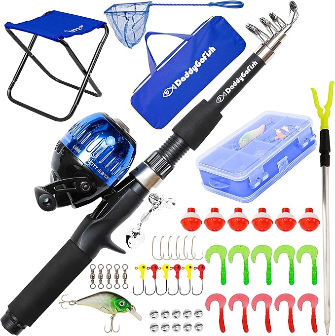DaddyGoFish Kids Fishing Pole - Rod Reel Combo Tackle Box Starter Set - First Year Small Dock Gear Kit for Boys Girls Toddler Youth Age Beginner Little Children Junior Anglers Older Kids