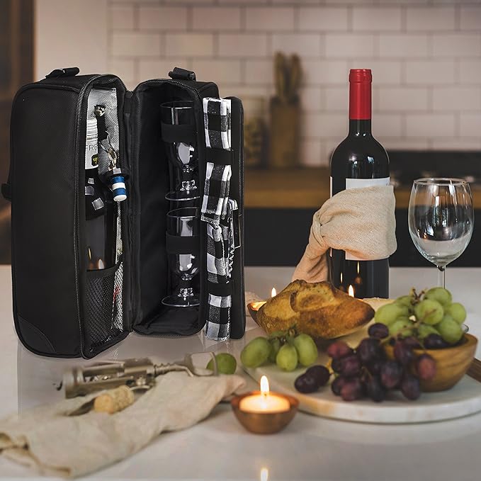 ALLCAMP Wine Bag - Insulated Cooler Bag with Wine Glasses, Bottle Opener & Wine Accessories for Wine Lovers - Portable Wine Gift Bag for Travel, Picnics, and Gift Ideas(Black)