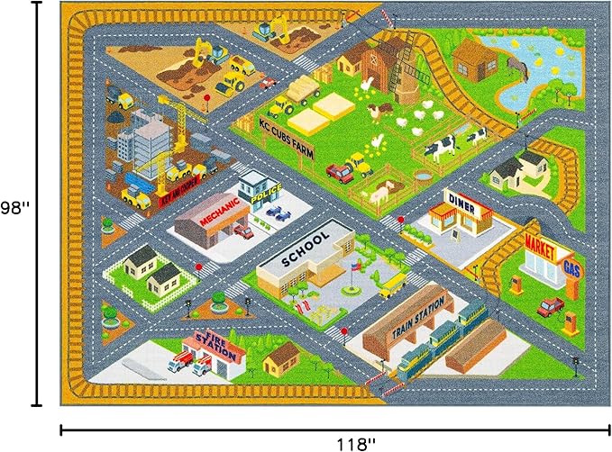 KC Cubs 8x10 Country Farm Construction Car Road Street Rug – Educational Carpet Play Mat for Kids, Toddlers Nursery, Classroom, Playroom, Baby Daycare