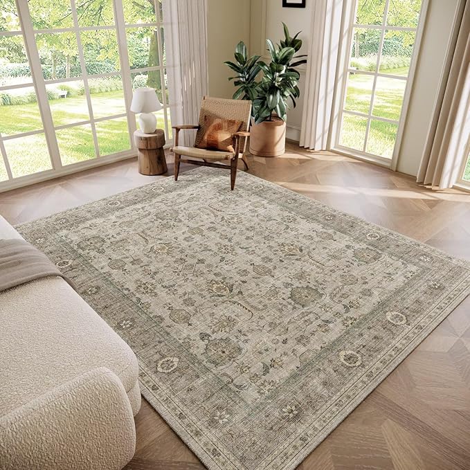 Washable 5x7 Area Rugs for Living Room, Boho Non-Slip Silicone Backing Rugs for Bedroom Dining Room Nursery Office, 0.3" Neutral Oriental Throw Carpet with 0.16" Cushioning Pad, Light Brown/Multi