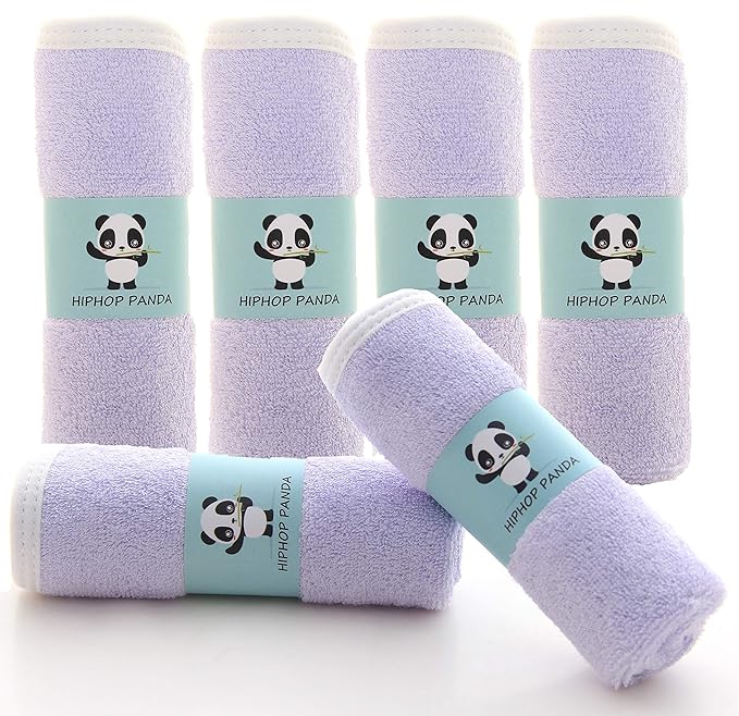 HIPHOP PANDA Baby Washcloths, Rayon Made from Bamboo - 2 Layer Ultra Soft Absorbent Newborn Bath Face Towel - Reusable Baby Wipes for Delicate Skin - Purple, 6 Pack