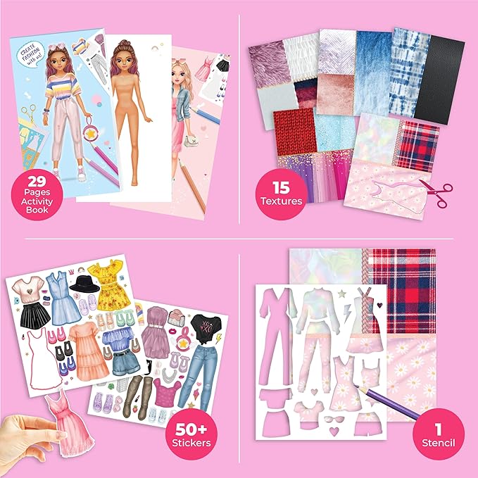 BSCOOL Fashion Studio Drawing, Coloring & Little Designer Creativity Book for Kids 4 and Up with Stickers, Stencils, Textures - Creative Fashion Design Sketchbook for Girls