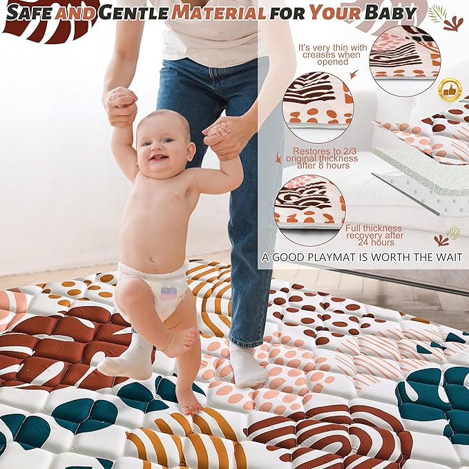 Baby Play Mats for Floor, 50x50 Playpen Mat for Babies, Extra Thicker & Soft Floor Crawling Mat, Foldable Non-Slip Playmat Cushioned for Infants Toddlers, Boho Leaf Design