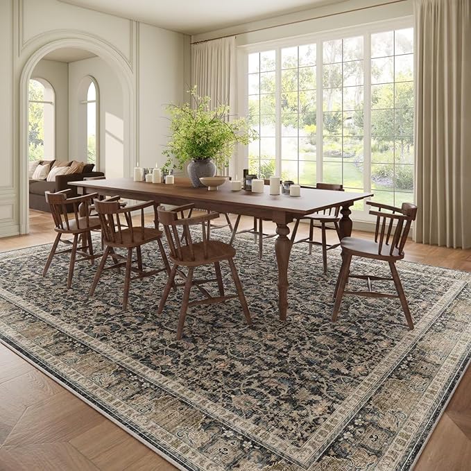 Washable 9x12 Area Rugs for Living Room, Boho Non-Slip Silicone Backing Rugs for Bedroom Dining Room Nursery Office, 0.3" Neutral Oriental Throw Carpet with 0.16" Cushioning Pad, Black/Multi