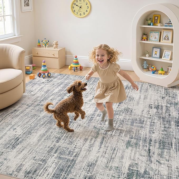 Area Rug for Living Room: 8x10 Washable Neutral Abstract Modern Soft Rugs Non Slip Indoor Floor Stain Resistant Large Carpet for Bedroom Dining Room Office Nursery - Gray