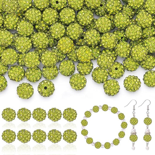 160pcs 10mm Rhinestone Beads for Jewelry Making, Olivine Shiny Round Disco Ball Beads Bulk, Sparkle Crystal Clay Christmas for Bracelet Baseball Necklace Earring Crafting and DIY