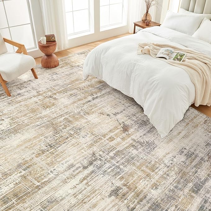 Area Rug for Living Room: 10x12 Washable Neutral Abstract Modern Soft Rugs Non Slip Indoor Floor Stain Resistant Large Carpet for Bedroom Dining Room Office Nursery - Golden Brown