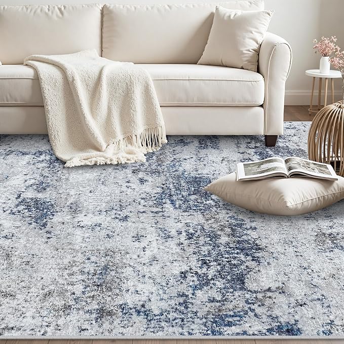 Area Rugs 8x10 Living Room Rugs: Modern Abstract Washable Rug with Non-Slip Backing, Stain Resistant Indoor Floor Large Carpet for Bedroom Dining Room Table Nursery Hallway Home Office Blue/Gray/Black