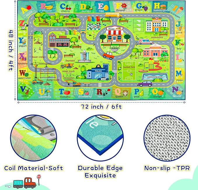 Chicrug 4x6 Car Road Area Rug for Kids Playroom Bedroom, Non Slip Low Pile Washable ABC Alphabet Carpet for Classroom, City Track Play Mat for Toddler Children Nursery Baby Room Decor, Green