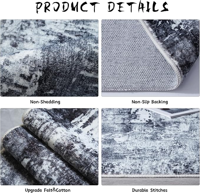 3x5 Rug Washable Boho Rug Soft Area Rug Abstract Pattern Non-Slip Non-Shedding Faux Wool Vintage Rug for Bedside, Bedroom Rug, Kitchen, Floor, Indoor, Laundry, Grey and Black