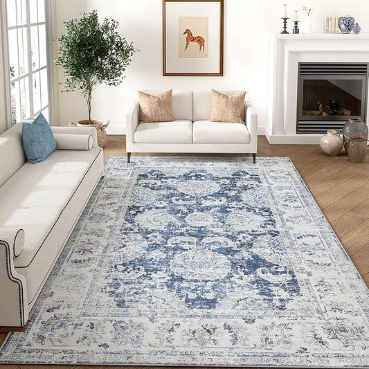 jinchan Washable Area Rug 8x10 for Living Room Soft Faux Wool Ultra-Thin Stain Resistant Non-Slip Distressed Vintage Floral Large Carpet for Bedroom,Dining Room,Home Office,Nursery(Dark Blue, 8'x10')