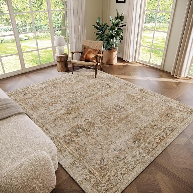 Washable 6x9 Area Rugs for Living Room, Boho Non-Slip Silicone Backing Large Rugs for Bedroom Dining Room Nursery Office, 0.3" Neutral Oriental Throw Carpet with 0.16" Cushioning Pad, Brown/Multi