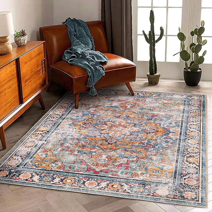 6'x9' Washable Vintage Area Rug Boho Chic Medallion Distressed Design Non-Shedding Easy Care Ideal for High Traffic Areas in Living Room Bedroom Kitchen Office Large Carpet