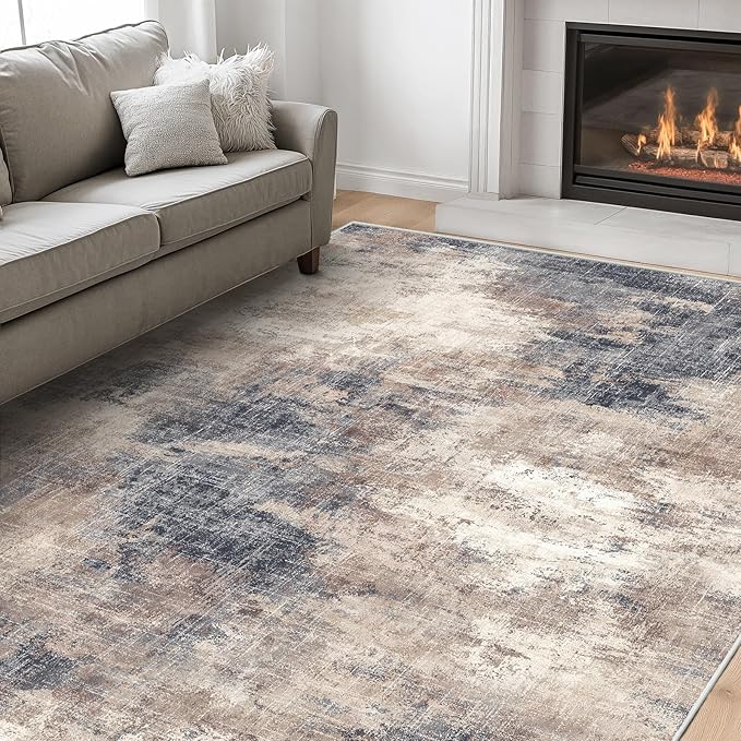 Amada 6x9 Washable Area Rug, Modern Abstract Living Room Rug with Non-Slip Backing & Short Pile, Large Rug with Abstract Pattern for Living Room, Bedroom and Dinning Room, Brown