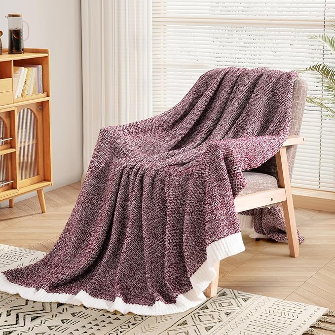 NEXHOME PRO Soft Twin Blankets for Couch, Reversible Warm Blankets Cozy Knit Blanket for Women, Fuzzy Plush Lightweight Throws for Sofa, Bed, Picnic, Wine 60 x 80 inches