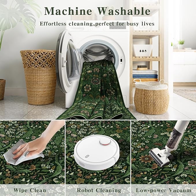 Floral Washable 6x9 Area Rug，Dark Green Boho Rugs for Living Room, Soft Low-Pile Non-Slip Stain Resistant & Non-Shedding Carpet for Bedroom, Dining Room, Office, Entryway, Nursery