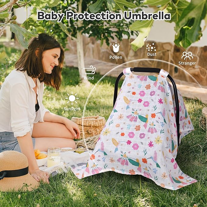 Rquite Muslin Car Seat Cover Baby, Carseat Covers Baby Girl Boy, Breathable Lightweight Infant Car Seat Cover, Baby Carrier Cover Car Seat Canopy Stroller Sun Shade for Summer & Hot Day, Universal Fit