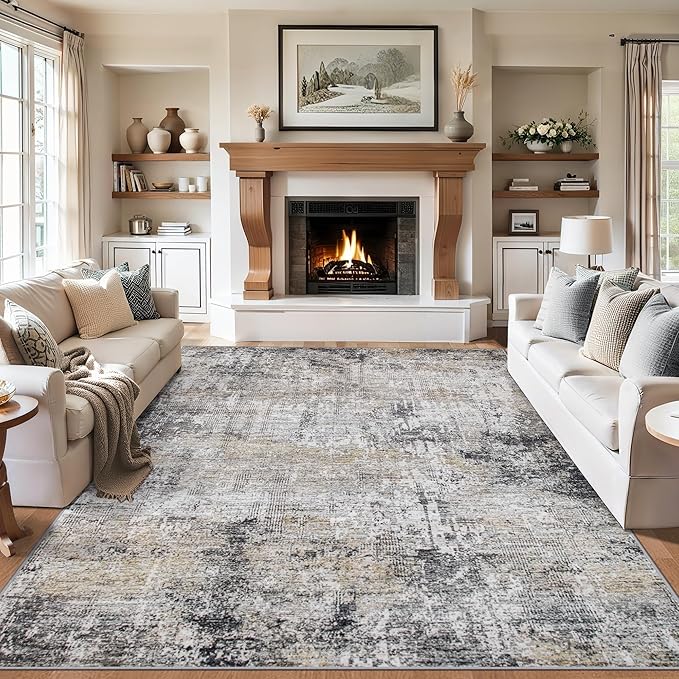 Area Rugs 10x14 Living Room - Washable Rug Modern Abstract Soft Large Neutral Non-Slip Carpet Indoor Floor Thin Carpets for Bedroom Dining Room Farmhouse Nursery Home Office Brown Black Grey