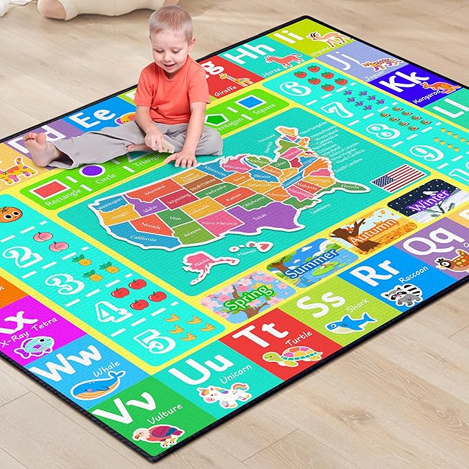 ABC Rug for Kids Playroom, 5'x 6'6" Washable Classroom Area Rugs, Educational Learning Mat with Alphabet Numbers Animals Seasons Shapes for Classroom Preschool Playroom