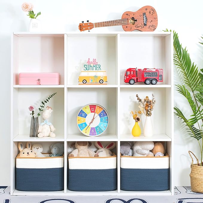 MINTWOOD Design 3-Pack Storage Baskets for Shelves, Playroom and Classroom Storage Basket, Book Basket, Decorative Storage Cube Bins, Woven Closet Organizers, Pantry and Shoe Organizer, Prussian Blue