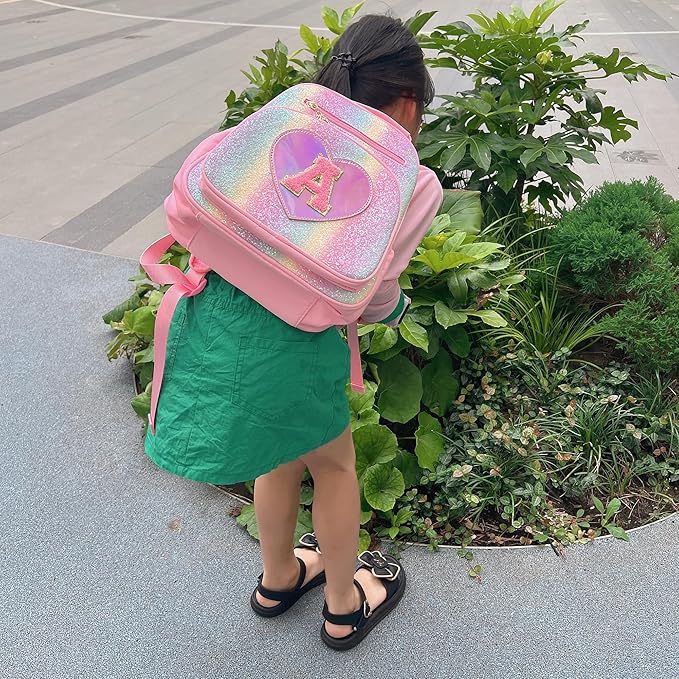 I IHAYNER Kids Glitter Lightweight Backpack for School Travel & Daycare, Toddler Backpack for Girls 3+ Preschool Kindergarten Elementary Kids Backpack-Rainbow Pink M