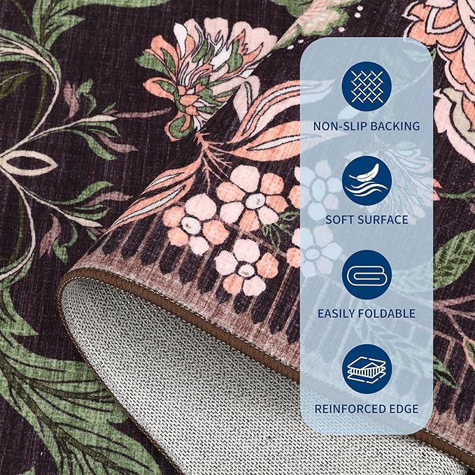 GarveeHome Plum Pink Floral Botanical Washable 5x7 Rug for Living Room, Black Purple Vintage Boho Cottage Throw Rugs Low Pile Carpet for Bedroom Dining Nursery Rug
