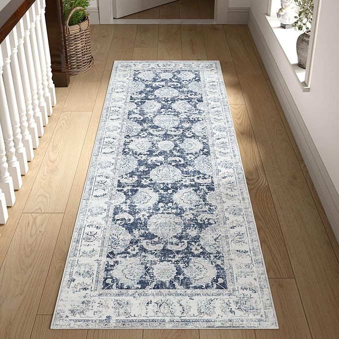jinchan Runner Rug 2x6 Washable Hallway Runner - Vintage Floral Non Slip Low-Pile Soft Thin Kitchen Rug Distressed Carpet for Farmhouse Bedroom Entryway Laundry Room(2x6ft,Dark Blue)