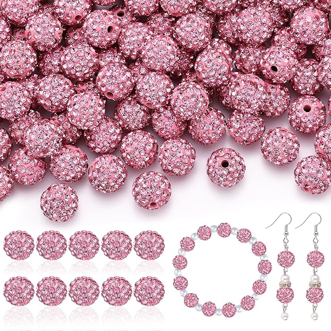160pcs 10mm Rhinestone Beads for Jewelry Making, Pink Shiny Round Disco Ball Beads Bulk, Sparkle Crystal Clay Christmas for Bracelet Baseball Necklace Earring Crafting and DIY