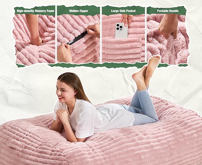 Hobestluk 5FT Bean Bag Chairs Adult Bean Bag with Portable Handle Comfy Large Bean Bag Lounge Chair with Removable Cover for Living Room Bedroom (Stripe Pink, 5FT)