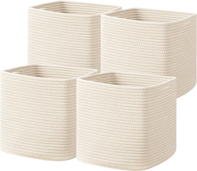 joybest Cube Storage Bins Set of 4, 13inch Cube Baskets Organizer for Nursery, Square Cotton Rope Baskets for Shelves Organizing, Kids Toy, Closet Storage, Beige