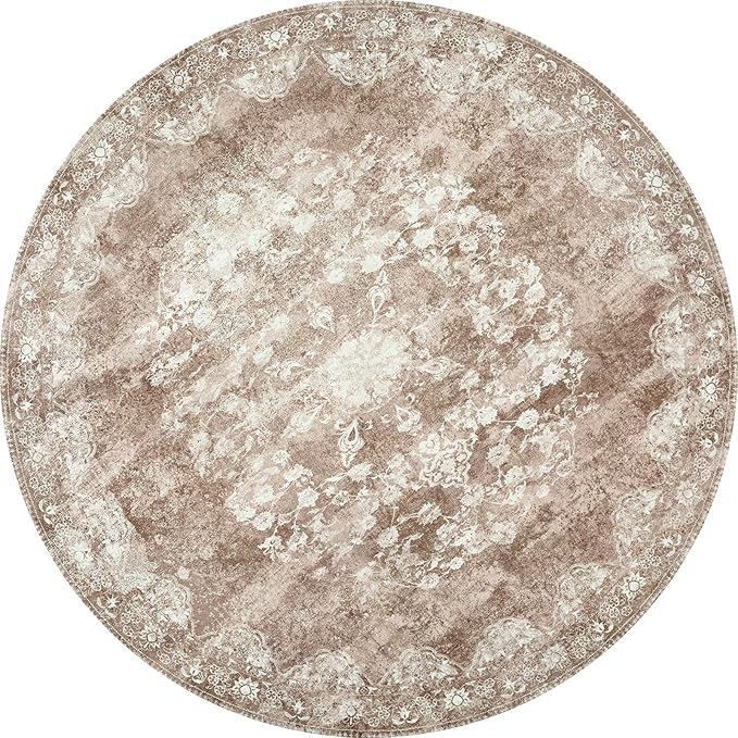jinchan Round Rug 6ft Area Rug - Brown Vintage Floor Mat Kitchen Indoor - Washable Circle 6' Thin Floral Print Carpet Retro Farmhouse Non Slip Dining Room Living Room Bedroom Office