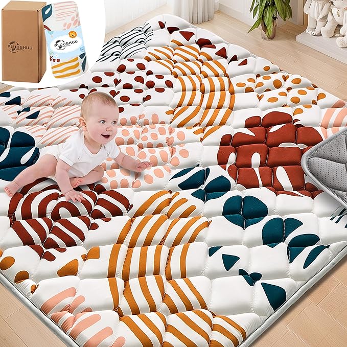 Baby Play Mats for Floor, 50x50 Playpen Mat for Babies, Extra Thicker & Soft Floor Crawling Mat, Foldable Non-Slip Playmat Cushioned for Infants Toddlers, Boho Leaf Design
