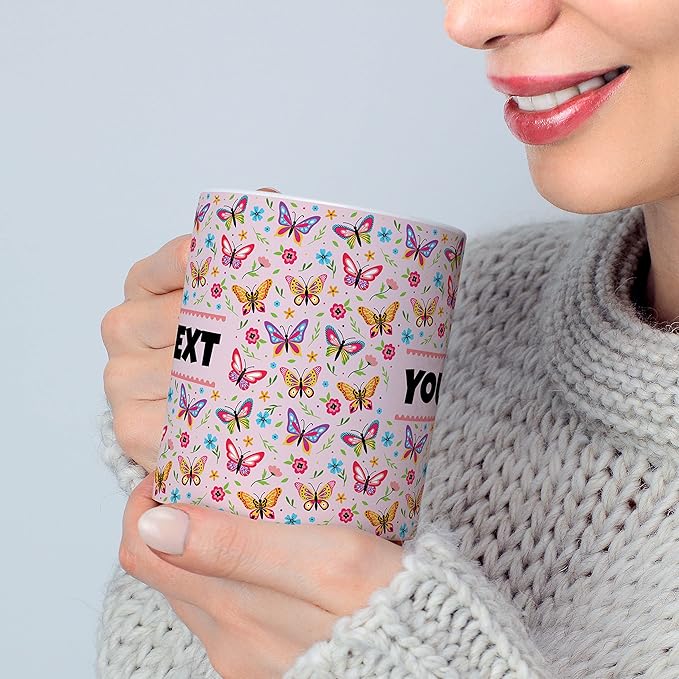 Personalized Mug for Kids - Butterflies - Custom Name/Text, Ceramic Hot Chocolate/Cocoa/Coffee Cup for Girls, Birthday/Christmas/Holiday Gift - 15 oz, White Handle