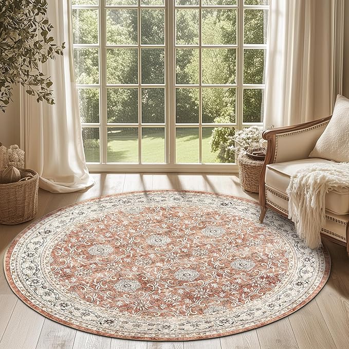 jinchan Round Rug 5ft Washable Circle Soft Rug - Low Pile Vintage 5'Round Indoor Orange Floral Print Stain Resistant Boho Carpet Ultra-Thin Non-Slip for Entryway Nursery Bedroom Dining Room Kitchen