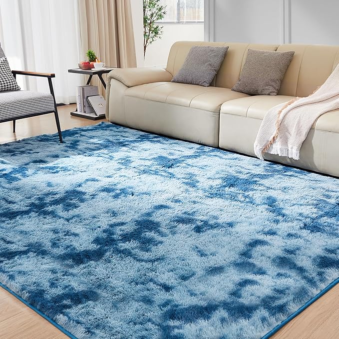 Ultra Soft Rug for Living Room, 6X9 Fluffy Shag Area Rug for Bedroom, Modern Shaggy Carpets Fuzzy Rug for Teens Dorm Nursery Home Decor Aesthetic, Upgrade Anti-Skid Durable, Tie-Dyed Blue Grey