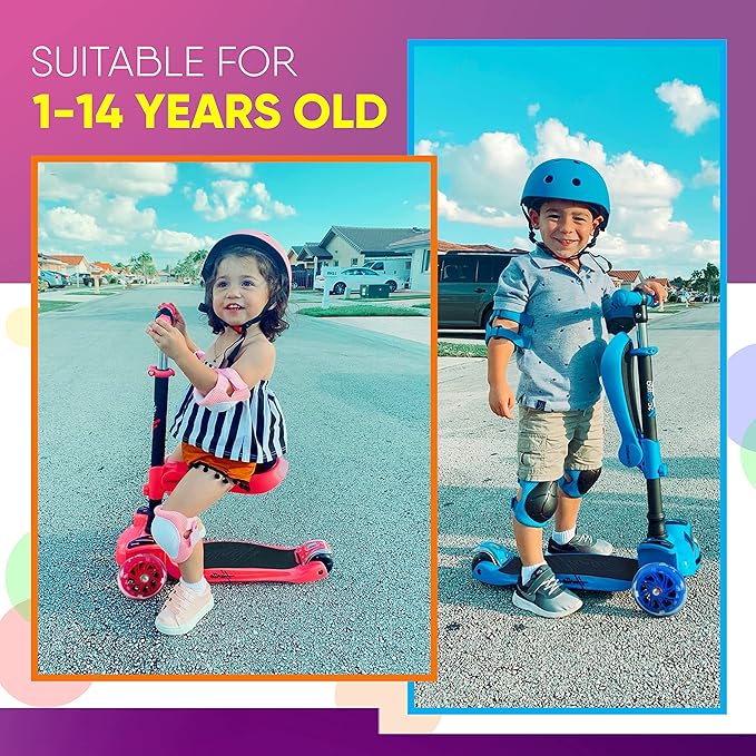 Hurtle 3-Wheeled Scooter for Kids - Wheel LED Lights, Adjustable Lean-to-Steer Handlebar, and Foldable Seat - Sit or Stand Ride with Brake for Boys and Girls Ages 1-14 Years Old