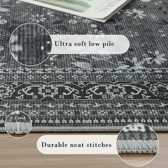 Large 8x10 Washable Area Rug for Living Room, No Shedding Vintage Floral Rugs Non Slip, Indoor Thin Retro Accent Carpet for High Traffic Areas Bedroom Farmhouse Dining Room Black/Gray
