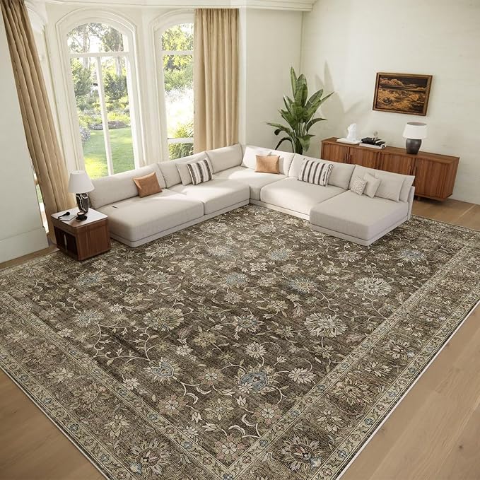 Washable 10x14 Area Rugs for Living Room, Boho Non-Slip Silicone Backing Rugs for Bedroom Dining Room Office, 0.3" Neutral Oriental Throw Carpet with 0.16" Cushioning Pad, Flaxen/Multi