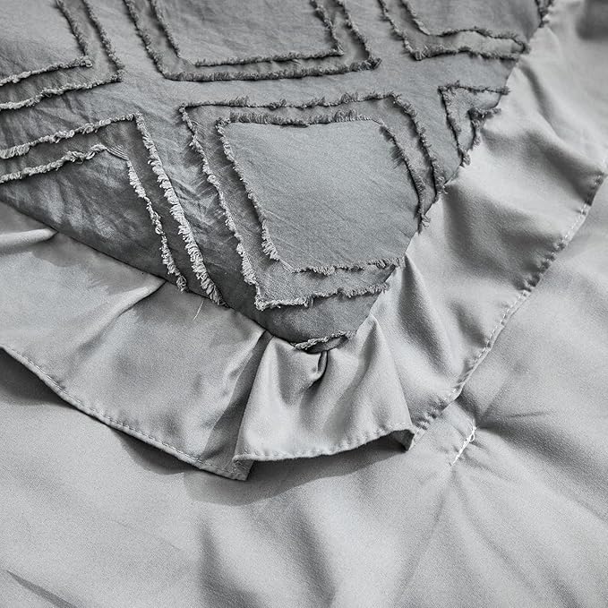 Mini Crib Bedding Set 3 Pieces Baby Boho Quilted Tufted Ruffles Comforter with Fitted Sheet and Ruffled Bed Skirt - Cute Shabby Baby Bedding Fits Mini Crib Only Gray
