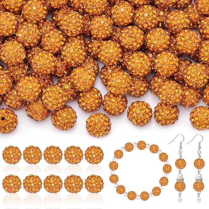 200pcs 10mm Rhinestone Beads for Jewelry Making, Golden Shiny Round Disco Ball Beads Bulk, Sparkle Crystal Clay Christmas for Bracelet Baseball Necklace Earring Crafting and DIY