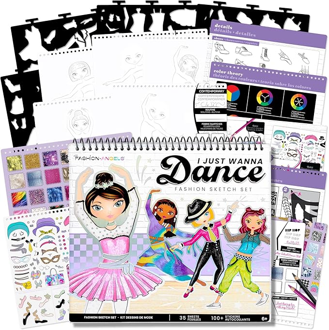 Fashion Angels I Just Wanna Dance Fashion Sketch Set, Create Dance-Themed Outfits with 35 Sketch Pages, 100+ Stickers & Stencils, Fun Craft Kit for Kids