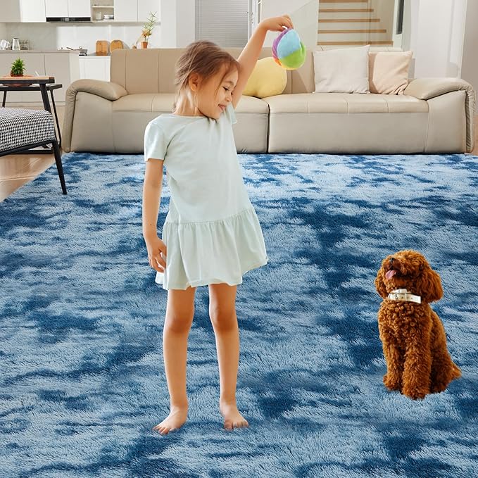 Ultra Soft Rug for Living Room, 8X10 Fluffy Shag Area Rug for Bedroom, Modern Shaggy Carpet Fuzzy Rug for Teens Dorm Nursery Home Decor Aesthetic, Upgrade Anti-Skid Durable, Tie-Dyed Blue Grey