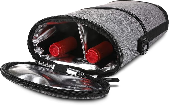 ALLCAMP 2 Bottle Wine Tote Carrier - Insulated Portable Padded Canvas Wine Bag for Travel, BYOB Restaurant, Wine Tasting, Party, Great Christmas Day Gift for Wine Lover，Gray