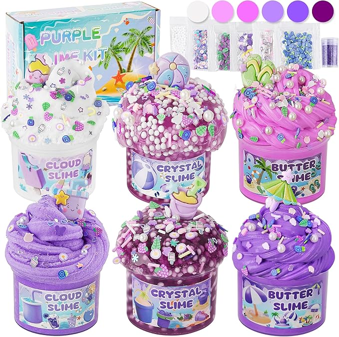 LAWOHO 6 Packs Gradient Purple Slime Kit - Cloud, Butter & Clear Slimes, Crunchy Slimes Kits for Kids with Beach Charms & Add-ins, Party Favors for Girls & Boys, 360ml Soft Non Stick Slime Making Kit