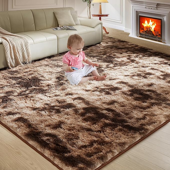 Ultra Soft Rug for Living Room, 9X12 Fluffy Shag Area Rug for Bedroom, Modern Shaggy Carpets Fuzzy Rug for Teens Dorm Nursery Home Decor Aesthetic, Upgrade Anti-Skid Durable, Tie-Dyed Coffee